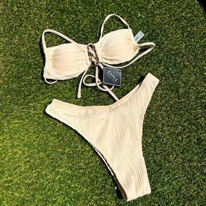 ⭐️SOLD⭐️ Zaful Textured U Metal Criss Cross High Leg Bikini Set - Light Coffee L
